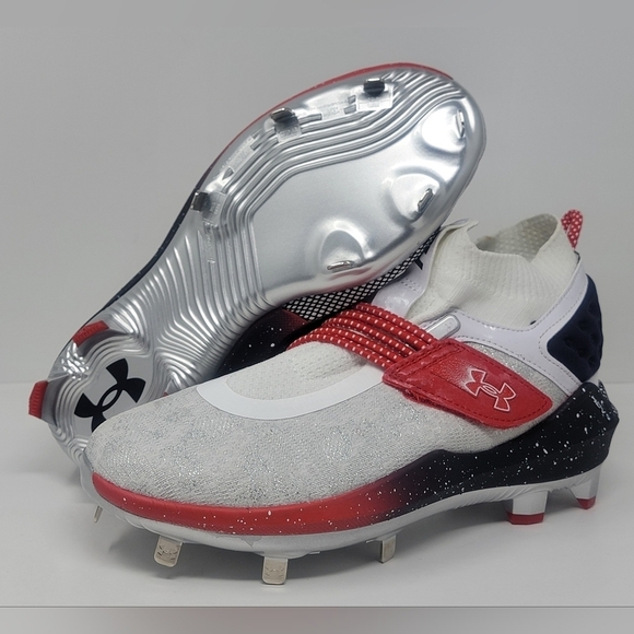 Under Armour Harper 8 Low USA ST Baseball White Navy 3026590 100 Men Sz 7.5 New - Picture 1 of 9
